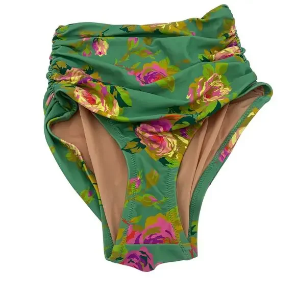 New J. Crew Green Floral Ruched High Waist Bikini Swim Bathing Suit Bottom XXS - Picture 2 of 8